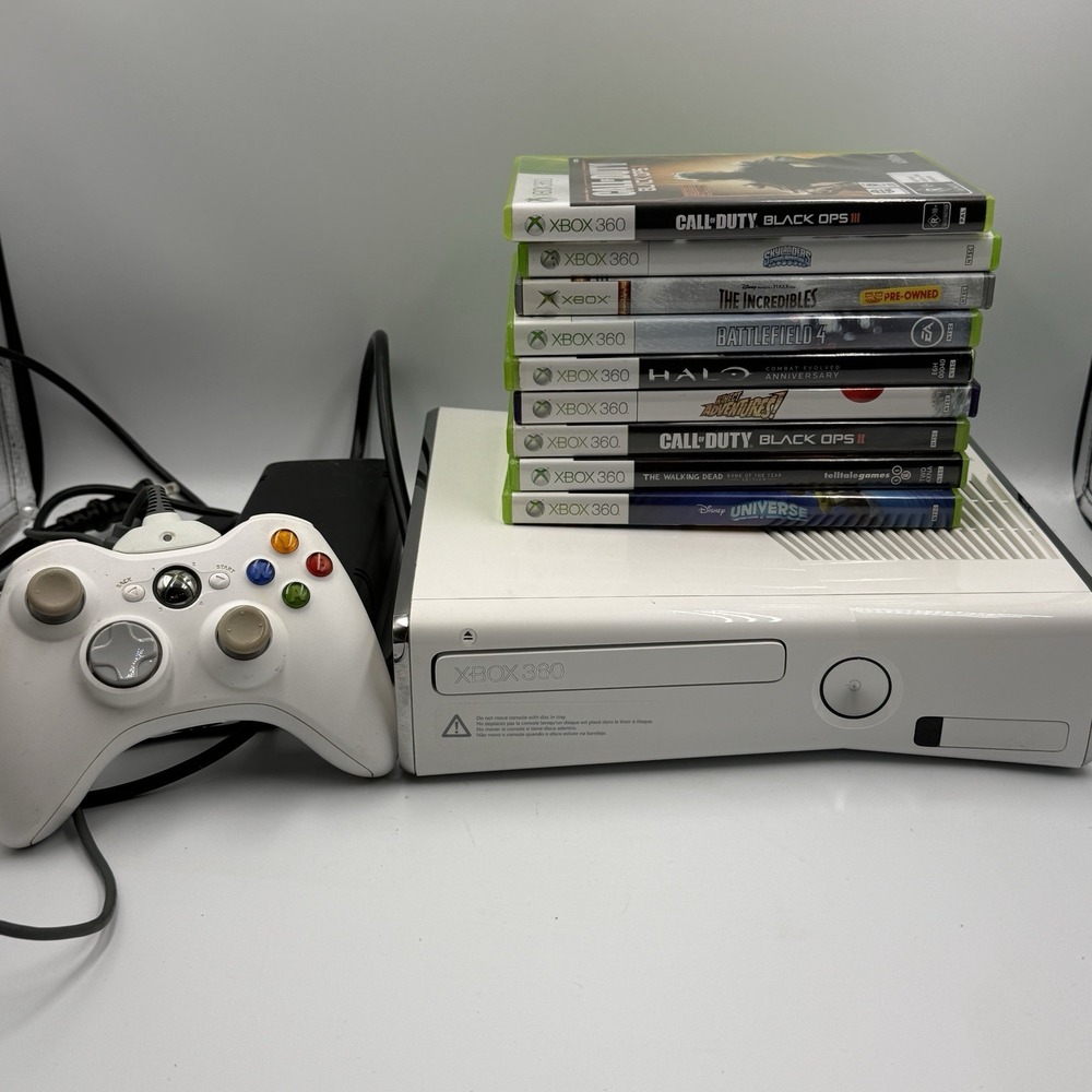 Microsoft Xbox 360 S Slim White Console Model 1439 Controller 9 Games Bundle